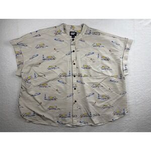 Lands End Womens 2X Beige Nautical Water Skier Lighthouse Button Up Shirt Top